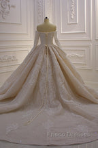 Gorgeous Long Sleeve Off the Shoulder Appliques Lace Ball Gown Wedding Dress
