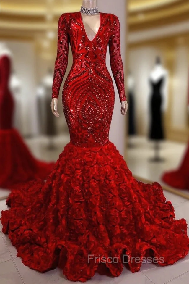 Gorgeous Long Sleeves Sequins Formal Prom Dress Mermaid V-Neck With Flowers Bottom Main image