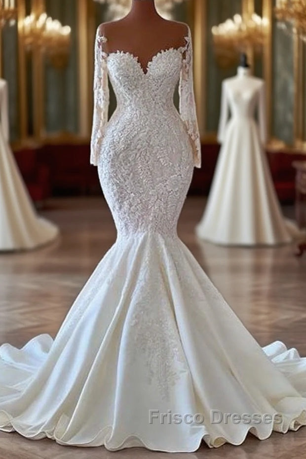 Gorgeous Long Sleeves White Mermaid Bridal Dress Sweetheart Graden Wedding Dress Main image