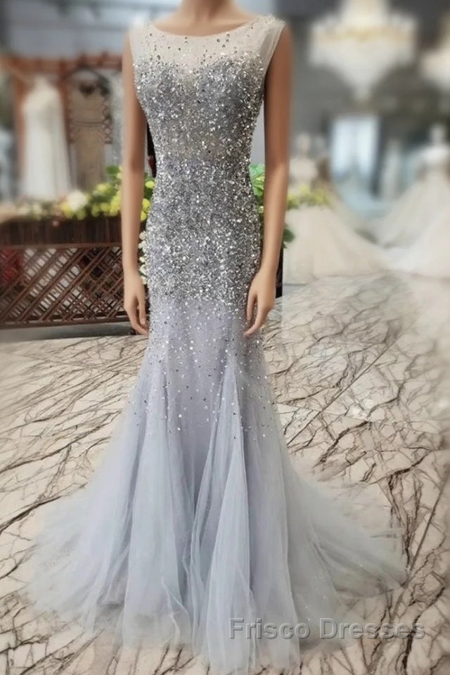 Gorgeous Mermaid Backless Silver Grey Sequins Formal Prom Dresses, Mermaid Silver Grey Formal Dresses, Shiny Silver Grey Evening Dresses Main image