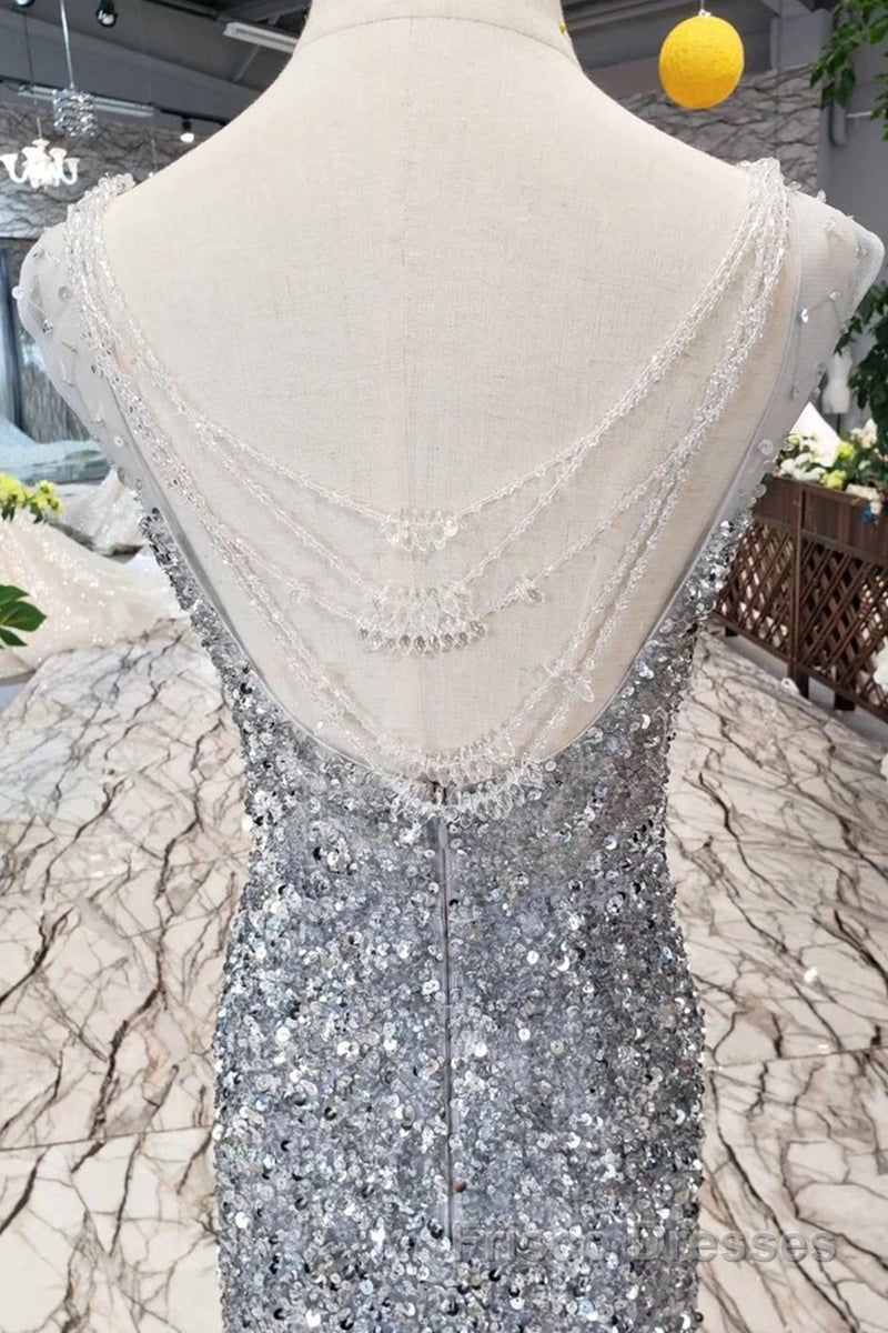 Gorgeous Mermaid Backless Silver Grey Sequins Formal Prom Dresses, Mermaid Silver Grey Formal Dresses, Shiny Silver Grey Evening Dresses