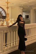 Gorgeous Mermaid Black Lace Date Night Dress Long Prom Dresses Birthday Outfits