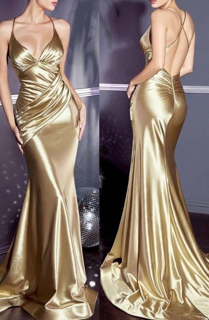 Gorgeous Mermaid Halter Floor Length Gold Satin Evening Dress Prom Dresses Main image
