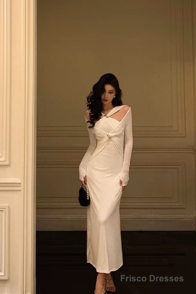 Gorgeous Mermaid Halter Long Sleeves Date Night Dress White Prom Dresses Birthday Outfits Main image
