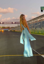 Gorgeous Mermaid Halter Satin Long Party Dresses Blue Backless Prom Dress