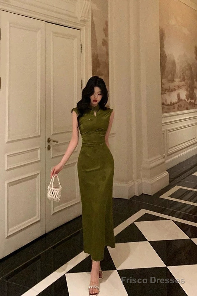 Gorgeous Mermaid High Neckline Green Satin Floral Date Night Dress Long Prom Dresses Birthday Outfits