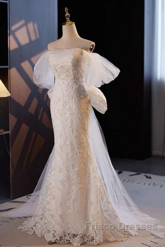 Gorgeous Mermaid Lace Wedding Dress Party Dress Off Shoulder With Big Bow