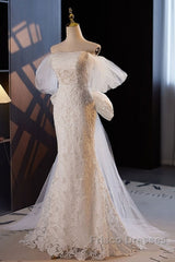 Gorgeous Mermaid Lace Wedding Dress Party Dress Off Shoulder With Big Bow