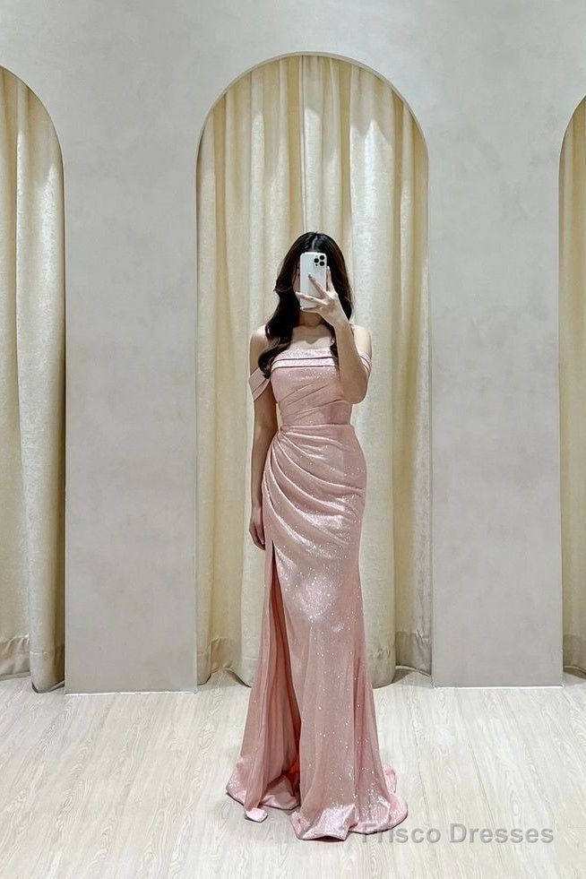 Gorgeous Mermaid Off The Shoulder Sequin Floor Length Pink Slit Evening Dress Prom Dresses Main image
