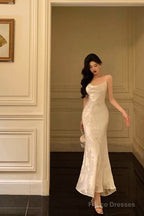 Gorgeous Mermaid Spaghetti Straps Date Night Dress Floral Ivory Satin Prom Dresses Birthday Outfit