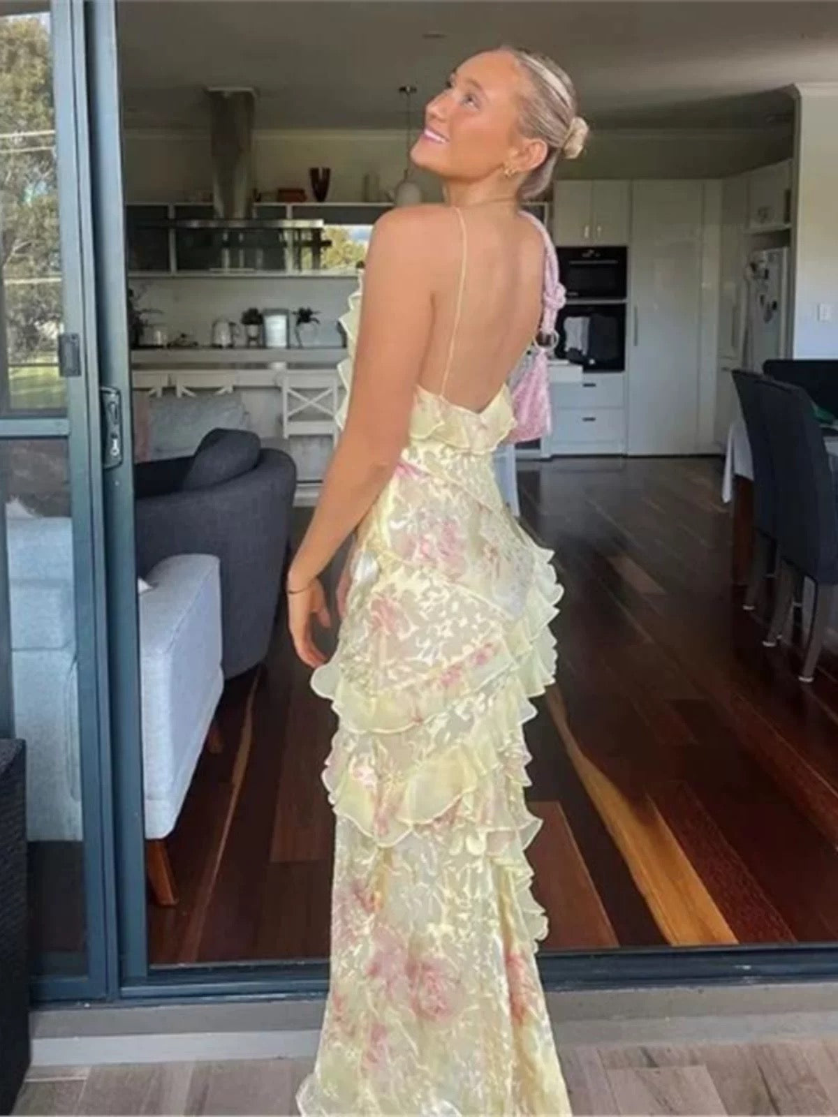 Gorgeous Mermaid Spaghetti Straps Floor Length Floral Yellow Chiffon Evening Dress Prom Dresses