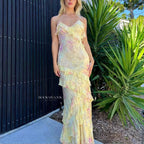 Gorgeous Mermaid Spaghetti Straps Floor Length Floral Yellow Chiffon Evening Dress Prom Dresses