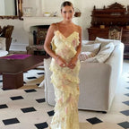 Gorgeous Mermaid Spaghetti Straps Floor Length Floral Yellow Chiffon Evening Dress Prom Dresses