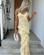 Gorgeous Mermaid Spaghetti Straps Floor Length Floral Yellow Chiffon Evening Dress Prom Dresses