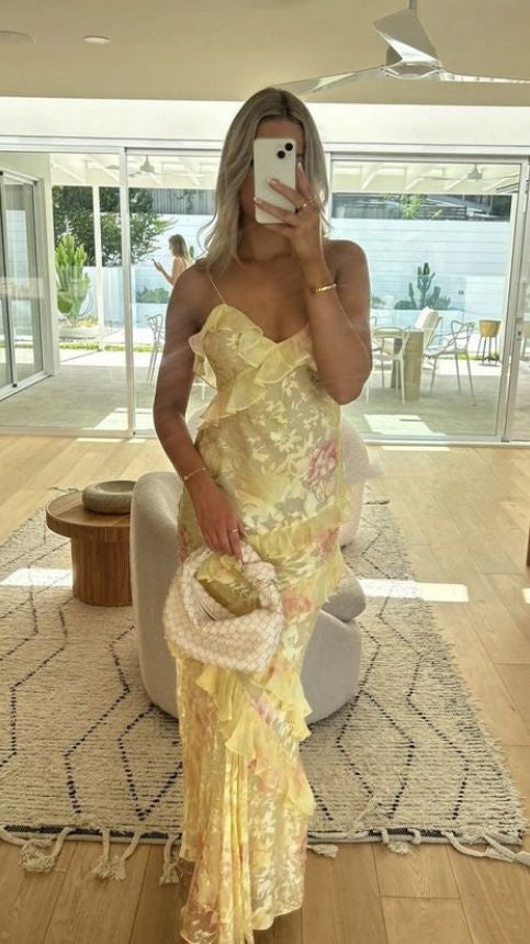 Gorgeous Mermaid Spaghetti Straps Floor Length Floral Yellow Chiffon Evening Dress Prom Dresses Main image