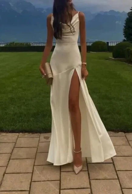 Gorgeous Mermaid Spaghetti Straps Floor-Length White Slit Evening Dress Prom Dresses
