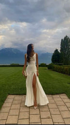 Gorgeous Mermaid Spaghetti Straps Floor-Length White Slit Evening Dress Prom Dresses