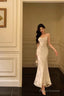 Gorgeous Mermaid Spaghetti Straps Ivory Satin Date Night Dress Prom Dresses Birthday Outfits