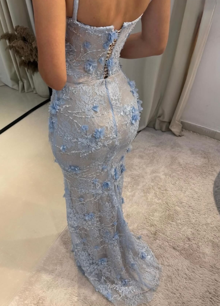 Gorgeous Mermaid Spaghetti Straps Satin Applique Long Prom Dress,Formal Dress