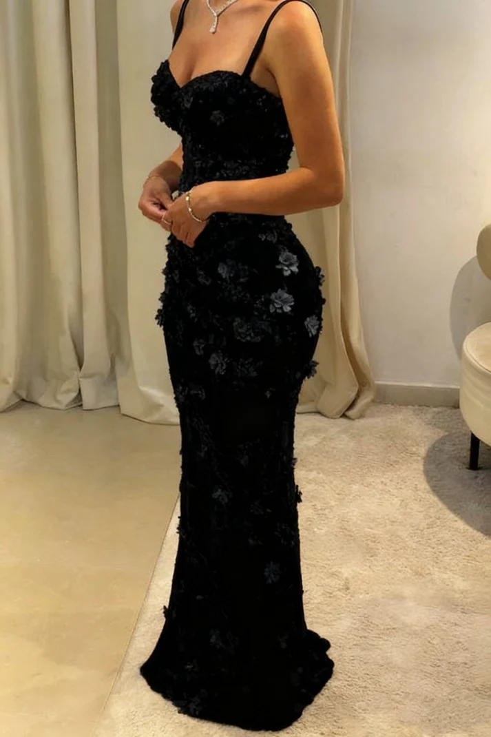 Gorgeous Mermaid Spaghetti Straps Satin Applique Long Prom Dress,Formal Dress