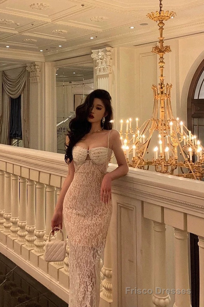 Gorgeous Mermaid Spaghetti Straps Sleeveless Date Night Dress White Lace Prom Dresses Birthday Outfits Secondary image