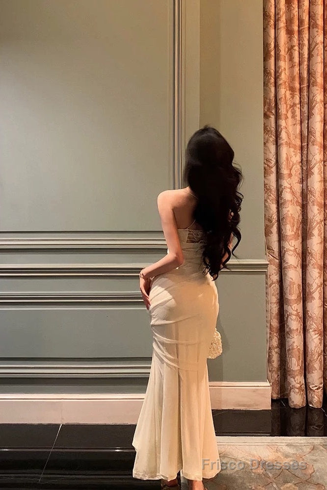 Gorgeous Mermaid Spaghetti Straps White Floral Date Night Dress Long Prom Dresses Birthday Outfits