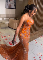 Gorgeous Mermaid Strapless Floor Length Orange Lace Sequin Evening Dress Prom Dresses