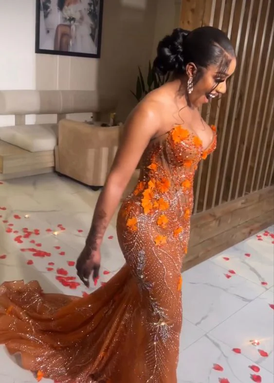 Gorgeous Mermaid Strapless Floor Length Orange Lace Sequin Evening Dress Prom Dresses