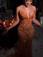Gorgeous Mermaid Strapless Floor Length Orange Lace Sequin Evening Dress Prom Dresses