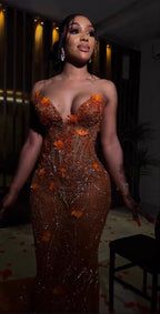 Gorgeous Mermaid Strapless Floor Length Orange Lace Sequin Evening Dress Prom Dresses