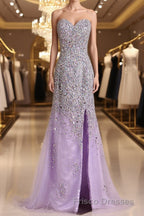Gorgeous Mermaid Strapless Purple Beaded Long Formal Prom Dresses, Mermaid Purple Beaded Formal Evening Dresses, Purple Ball Gown