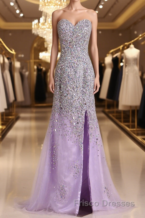 Gorgeous Mermaid Strapless Purple Beaded Long Formal Prom Dresses, Mermaid Purple Beaded Formal Evening Dresses, Purple Ball Gown