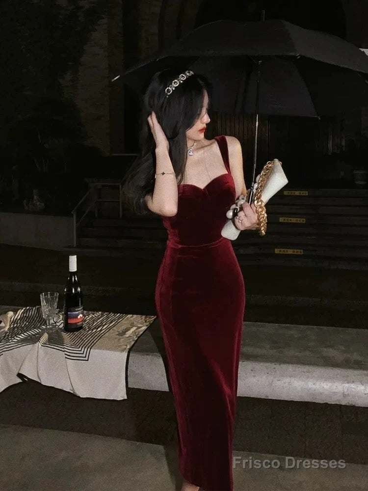 Gorgeous Mermaid Straps Burgundy Velvet Evening Dress Prom Dresses Birthday Outfits