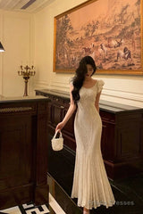 Gorgeous Mermaid Straps Date Night Dress White Lace Long Prom Dresses Birthday Outfits