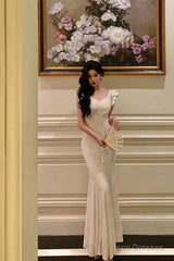 Gorgeous Mermaid Straps Date Night Dress White Lace Long Prom Dresses Birthday Outfits