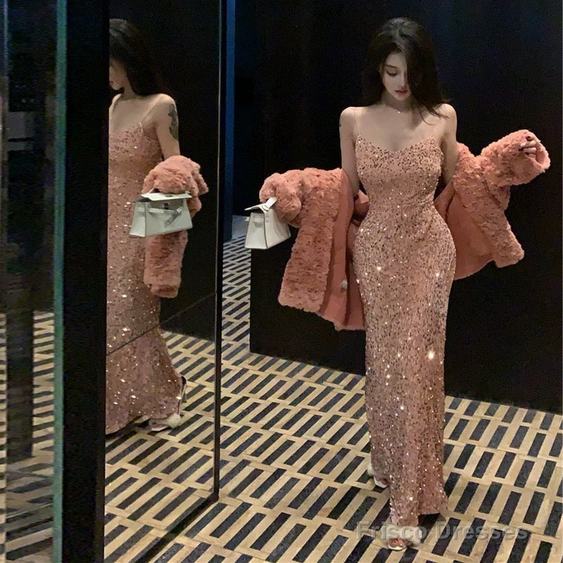 Gorgeous Mermaid Straps Pink Sequin Evening Dress Prom Dresses Birthday Outfits Main image