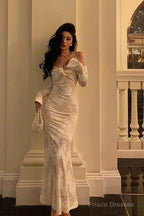 Gorgeous Mermaid V Neckline Long Sleeves Date Night Dress White Lace Prom Dresses Birthday Outfits