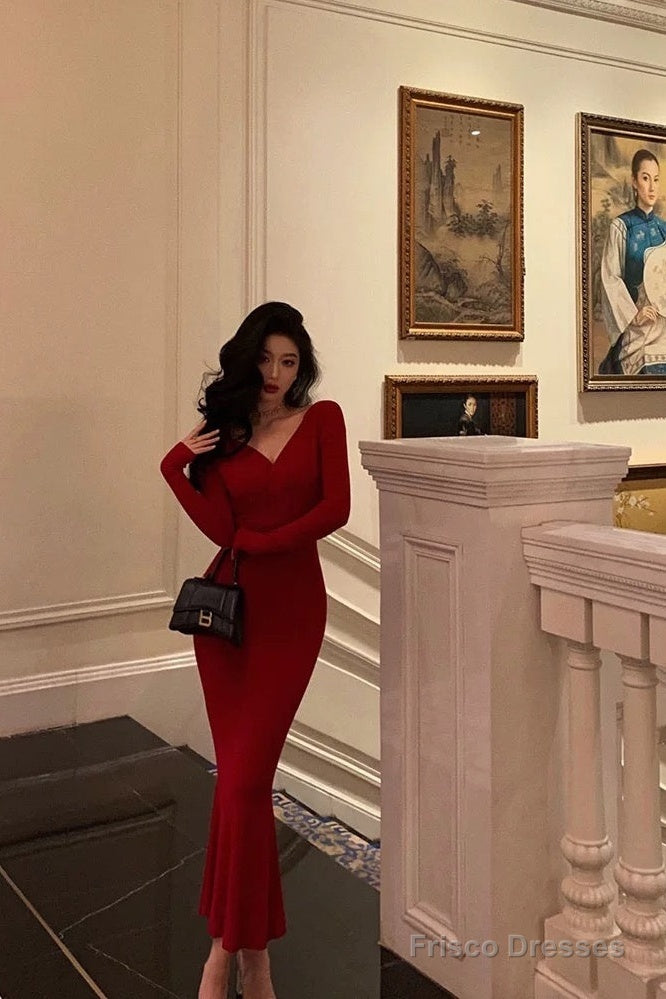 Gorgeous Mermaid V Neckline Long Sleeves Red Date Night Dress Prom Dresses Birthday Outfit