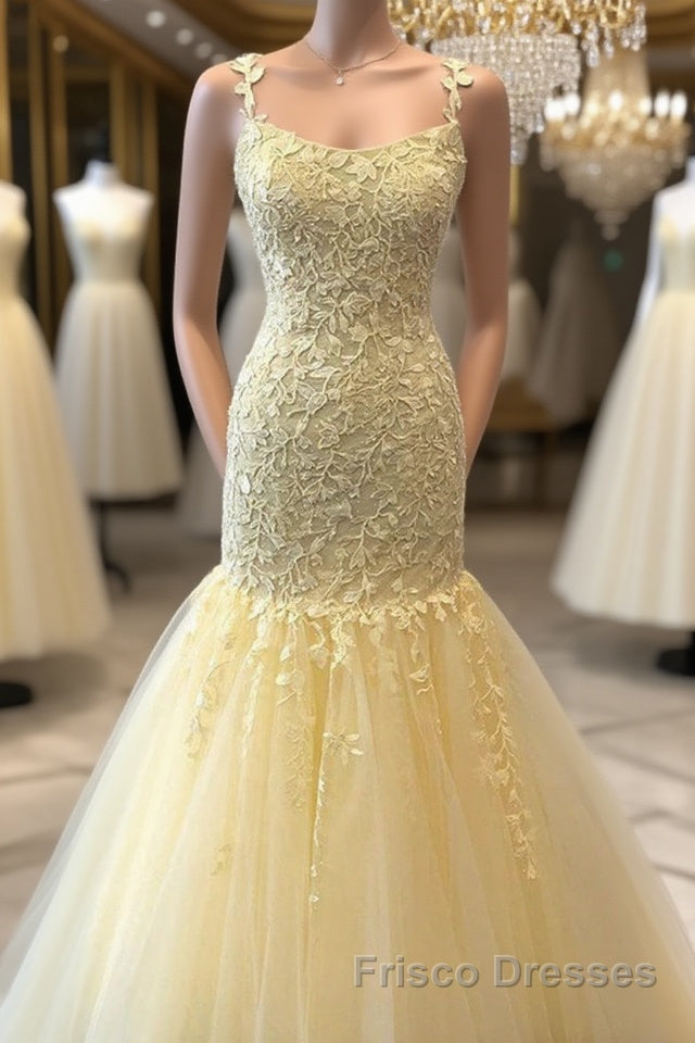 Gorgeous Mermaid Yellow Lace Long Formal Prom Dresses, Mermaid Yellow Formal Dresses, Yellow Lace Evening Dresses