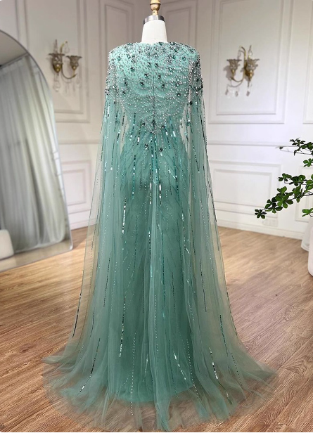 Gorgeous Mint Green Deep V Cape Beaded Sequin Tulle Long Prom Dress Evening Dress Secondary image