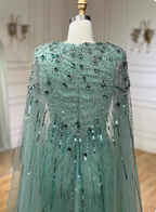 Gorgeous Mint Green Deep V Cape Beaded Sequin Tulle Long Prom Dress Evening Dress