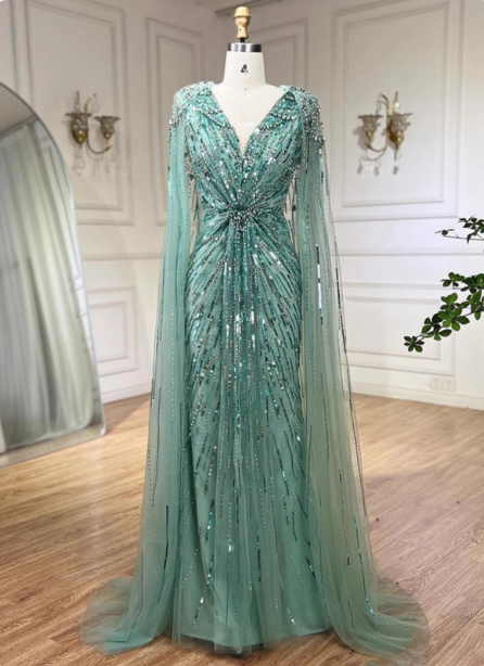 Gorgeous Mint Green Deep V Cape Beaded Sequin Tulle Long Prom Dress Evening Dress Main image