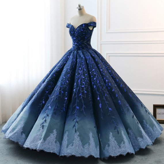 Gorgeous Navy Blue Lace Applique Off Shoulder A-line Ball Gown-Lace-Up Princess Prom Dresses Secondary image