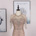 Gorgeous Nude Pink Mermaid Crew Neck Fringed Sleeve Beaded Tulle Train Prom Dress Evening Dress