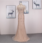 Gorgeous Nude Pink Mermaid Crew Neck Fringed Sleeve Beaded Tulle Train Prom Dress Evening Dress