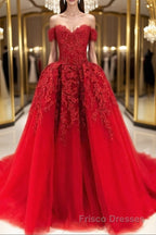 Gorgeous Off Shoulder Red Lace Long Formal Prom Dresses, Red Lace Formal Evening Dresses, Red Ball Gown