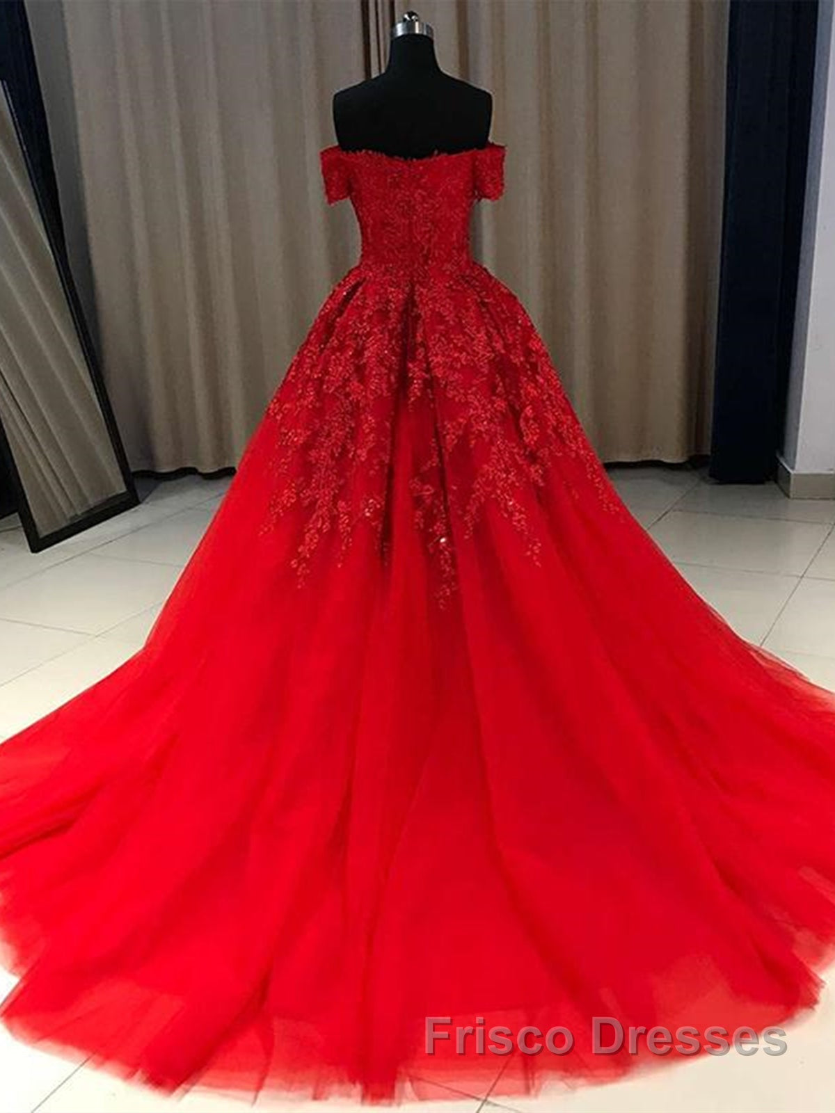 Gorgeous Off Shoulder Red Lace Long Formal Prom Dresses, Red Lace Formal Evening Dresses, Red Ball Gown