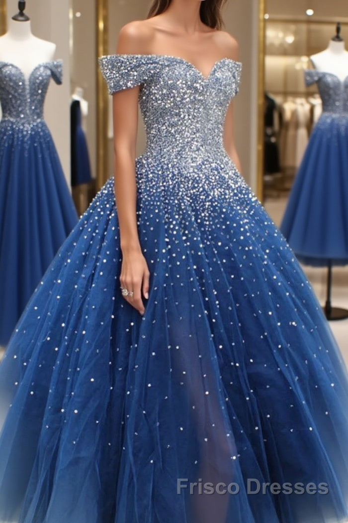 Gorgeous Off Shoulder Sequins Blue Long Formal Prom Dresses, Shiny Sequins Blue Formal Evening Dresses, Blue Ball Gown Main image