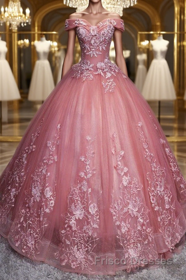 Gorgeous Off the Shoulder Pink Lace Appliques Long Formal Prom Dresses, Off Shoulder Pink Formal Dresses, Pink Evening Dresses, Ball Gown Main image