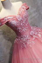 Gorgeous Off the Shoulder Pink Lace Appliques Long Formal Prom Dresses, Off Shoulder Pink Formal Dresses, Pink Evening Dresses, Ball Gown